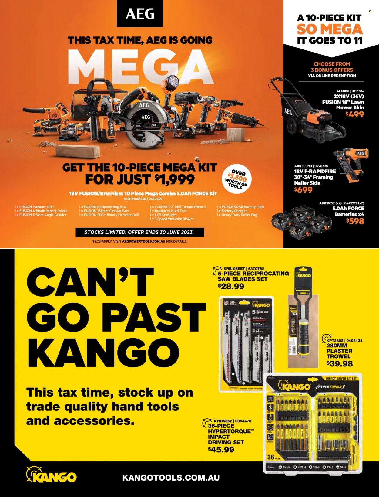 thumbnail - Bunnings Warehouse mailer - 01.05.2023 - 30.06.2023 - Sales products - battery charger, spotlight, AEG, roller, drill, impact driver, hammer drill, grinder, circular saw, angle grinder, reciprocating saw, lawn mower, blower, torque wrench, hand tools, bit set. Page 113.