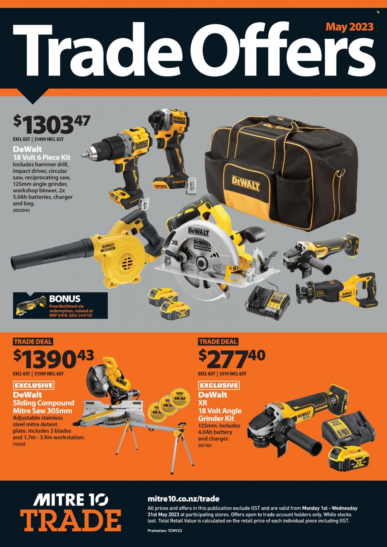 thumbnail - Mitre 10 mailer - 01.05.2023 - 31.05.2023 - Sales products - DeWALT, impact driver, hammer drill, grinder, circular saw, saw, angle grinder, reciprocating saw, blower. Page 1.