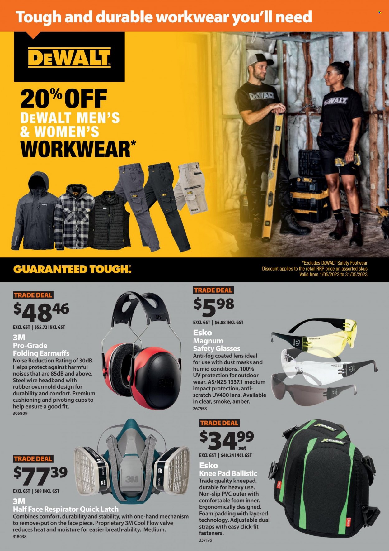 thumbnail - Mitre 10 mailer - 01.05.2023 - 31.05.2023 - Sales products - DeWALT, earmuffs, knee pads, safety glasses, respirator. Page 6.