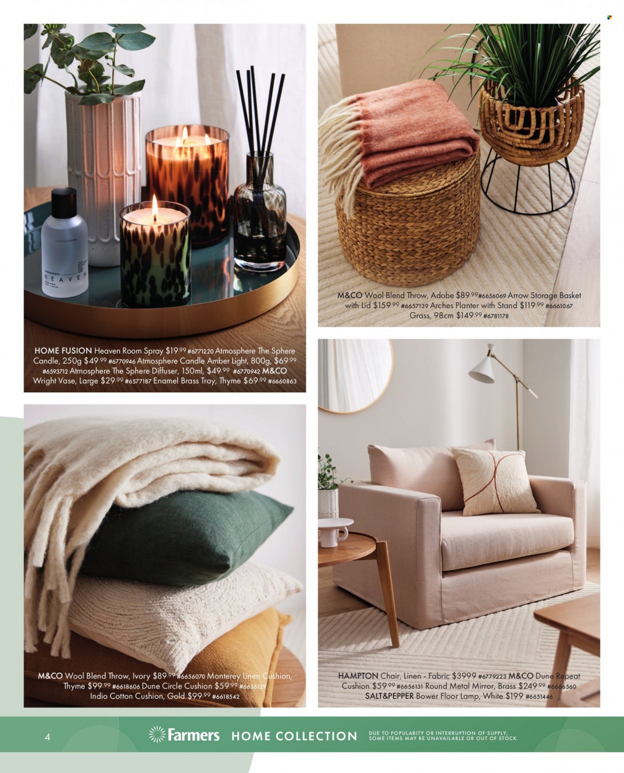 thumbnail - Farmers mailer - Sales products - basket, storage basket, tray, candle, diffuser, cushion, linens, chair. Page 4.