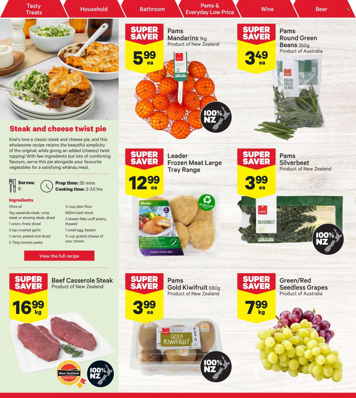 thumbnail - New World mailer - 22.05.2023 - 28.05.2023 - Sales products - garlic, green beans, onion, grapes, kiwi, mandarines, seedless grapes, grated cheese, eggs, flour, topping, tomato paste, olive oil, oil, wine, alcohol, beer, beef meat, steak, rump steak, casserole, cup. Page 6.