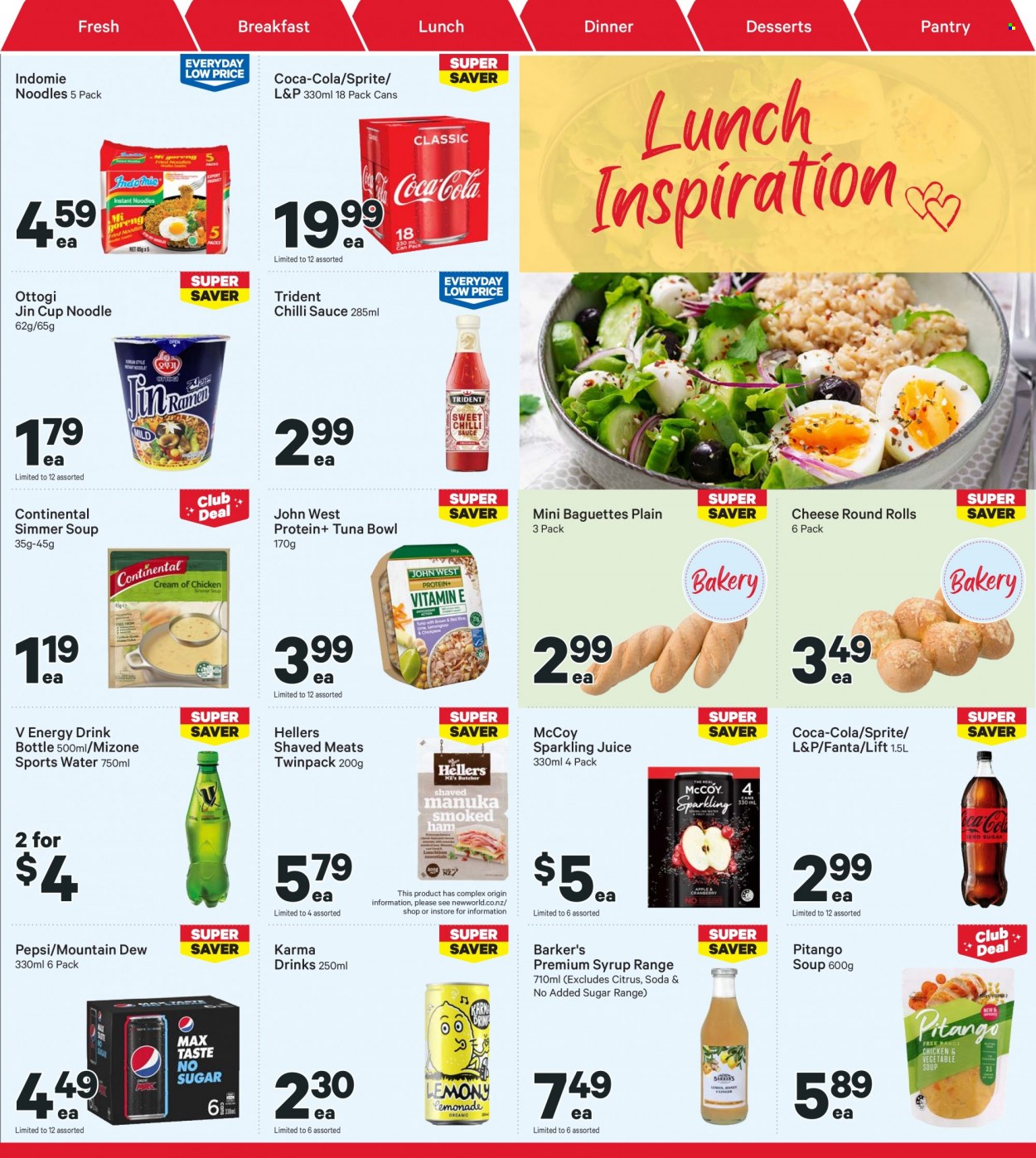 thumbnail - New World mailer - 22.05.2023 - 28.05.2023 - Sales products - baguette, tuna, soup, sauce, noodles, Continental, cheese, Trident, chilli sauce, syrup, Coca-Cola, Mountain Dew, Sprite, Pepsi, juice, energy drink, Fanta, soft drink, L&P, sparkling juice, soda, water, drink bottle, cup, bowl. Page 13.
