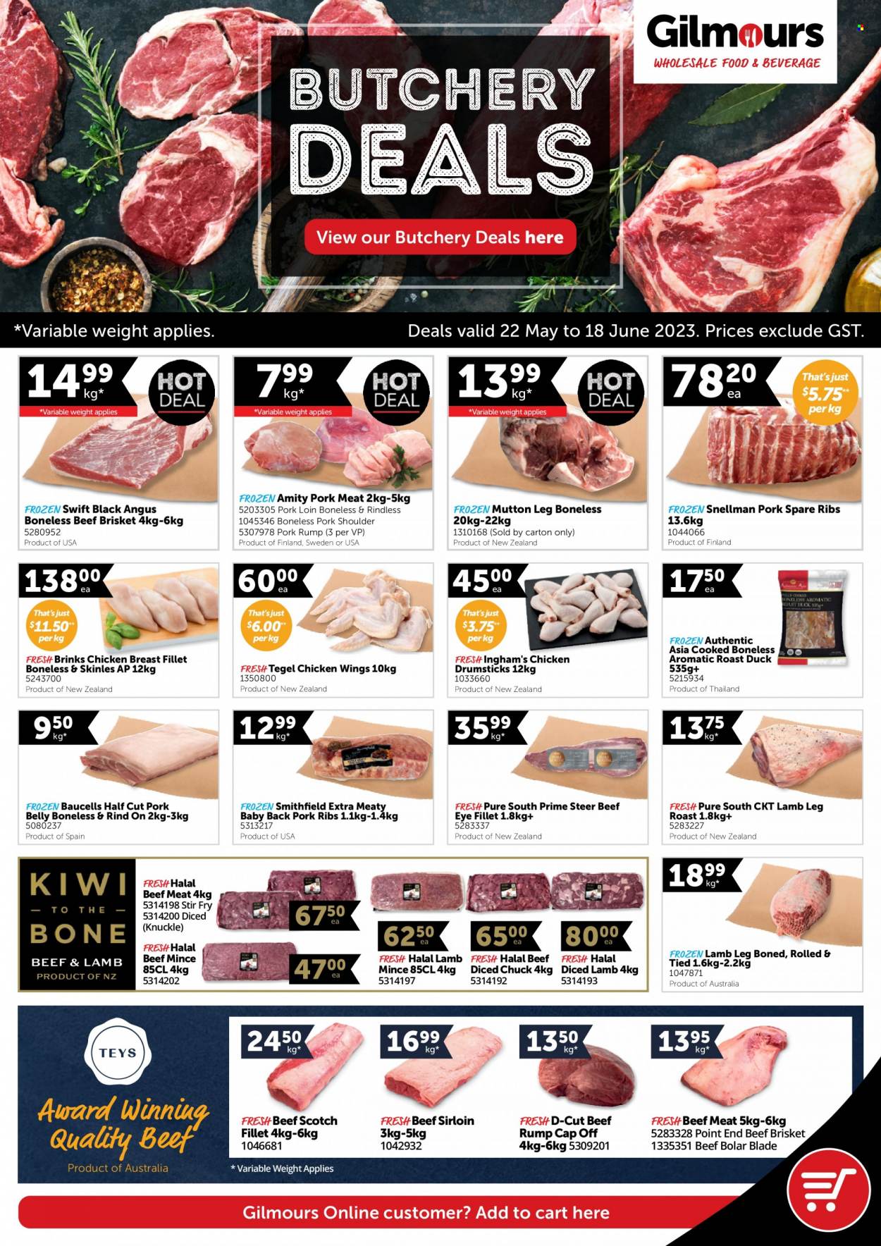 thumbnail - Gilmours mailer - 22.05.2023 - 18.06.2023 - Sales products - brisket, roast, chicken wings, chicken breasts, chicken drumsticks, chicken, beef meat, beef sirloin, ground beef, beef tenderloin, eye of round, beef brisket, ribs, pork belly, pork loin, pork meat, pork ribs, pork shoulder, pork spare ribs, pork back ribs, lamb meat, mutton meat, lamb leg. Page 1.