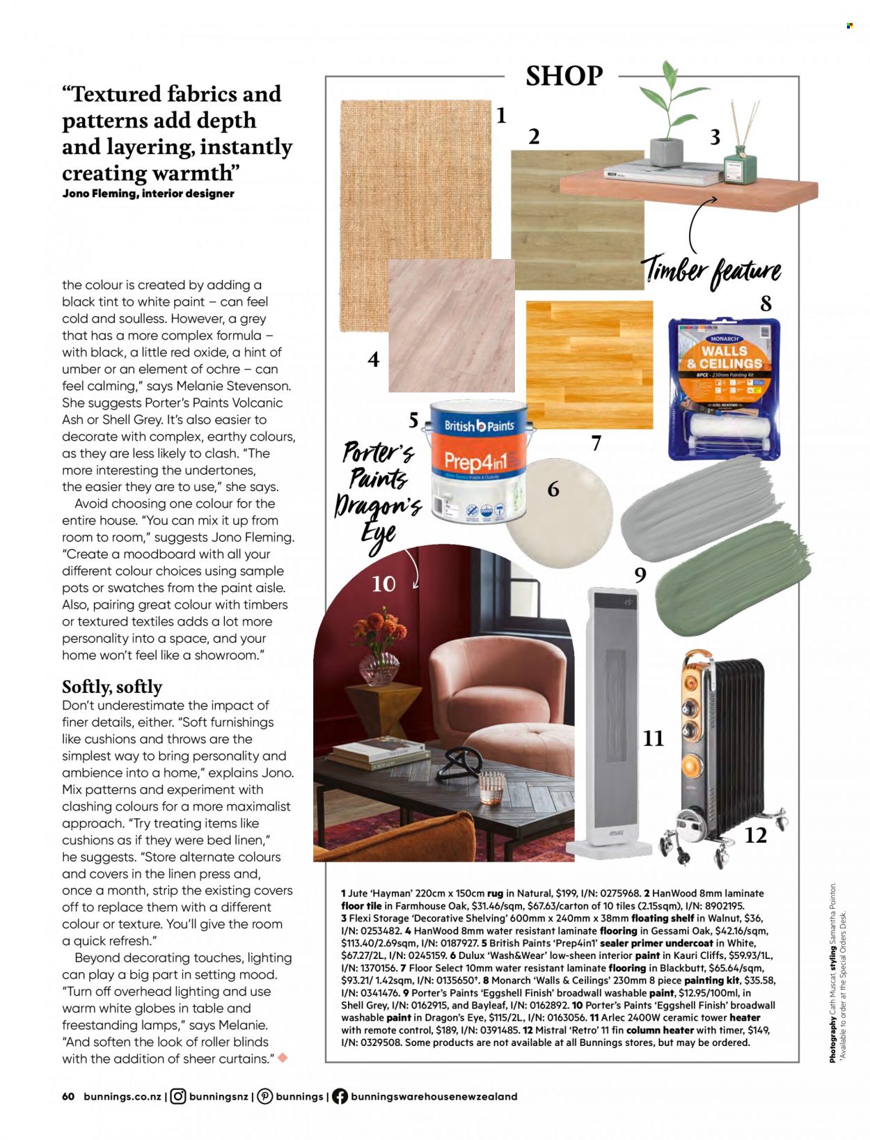 thumbnail - Bunnings Warehouse mailer - Sales products - table, shelves, bed, desk, cushion, pot, bedding, linens, curtain, Dulux, lighting, heater, flooring, laminate floor, floor tile, rug, blinds. Page 60.