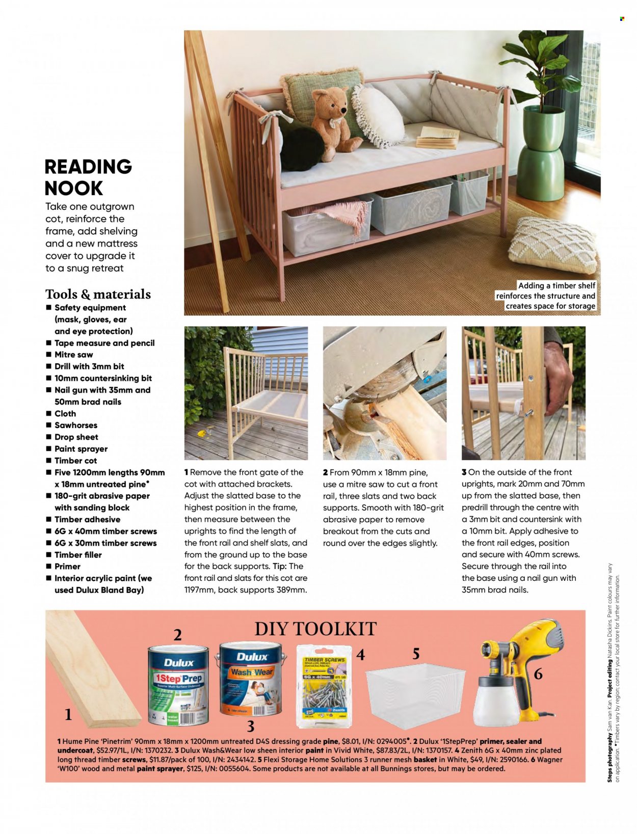 thumbnail - Bunnings Warehouse mailer - Sales products - shelves, mattress, dressing, basket, adhesive, paint sprayer, plastic drop sheet, paint, Dulux, drill, saw, measuring tape, sprayer. Page 68.