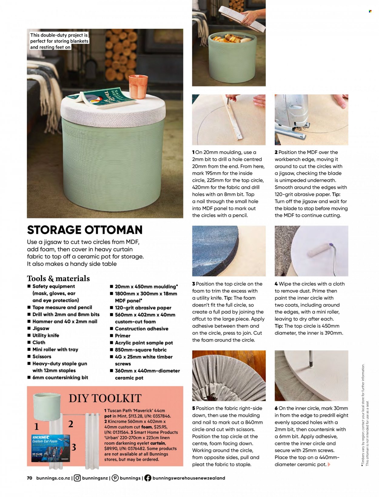 thumbnail - Bunnings Warehouse mailer - Sales products - table, work bench, sidetable, ottoman, gloves, pot, blanket, linens, adhesive, roller, paint, jig saw, scissors, measuring tape, utility knife. Page 70.