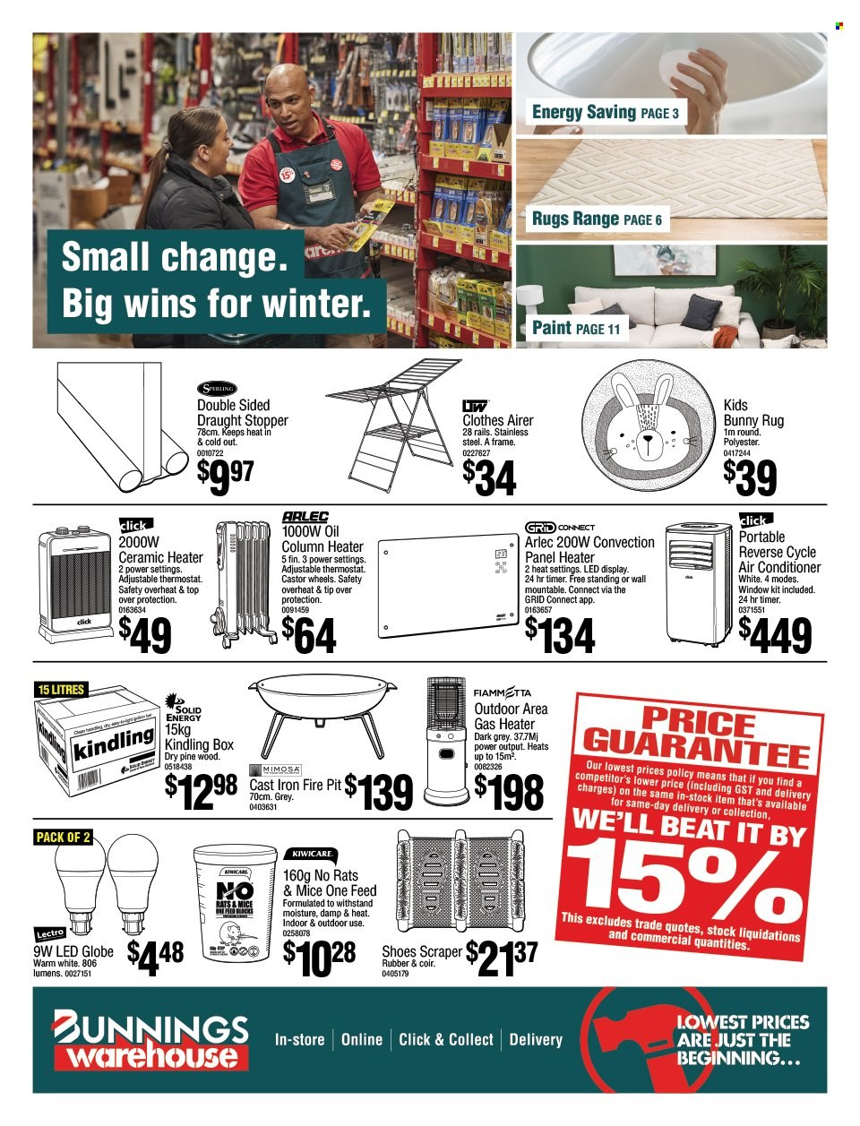 thumbnail - Bunnings Warehouse mailer - 26.05.2023 - 11.06.2023 - Sales products - airer, air conditioner, paint, heater, gas heater, rug, fire bowl. Page 1.