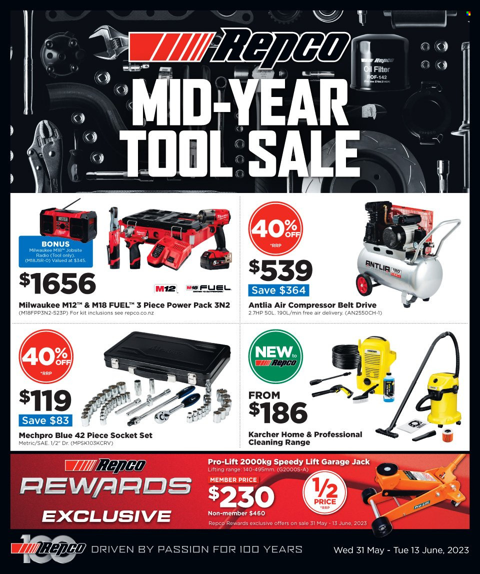 thumbnail - Repco mailer - 31.05.2023 - 13.06.2023 - Sales products - compressor, radio, socket, Milwaukee, socket set, air compressor, Mechpro Blue, Kärcher, oil filter. Page 1.
