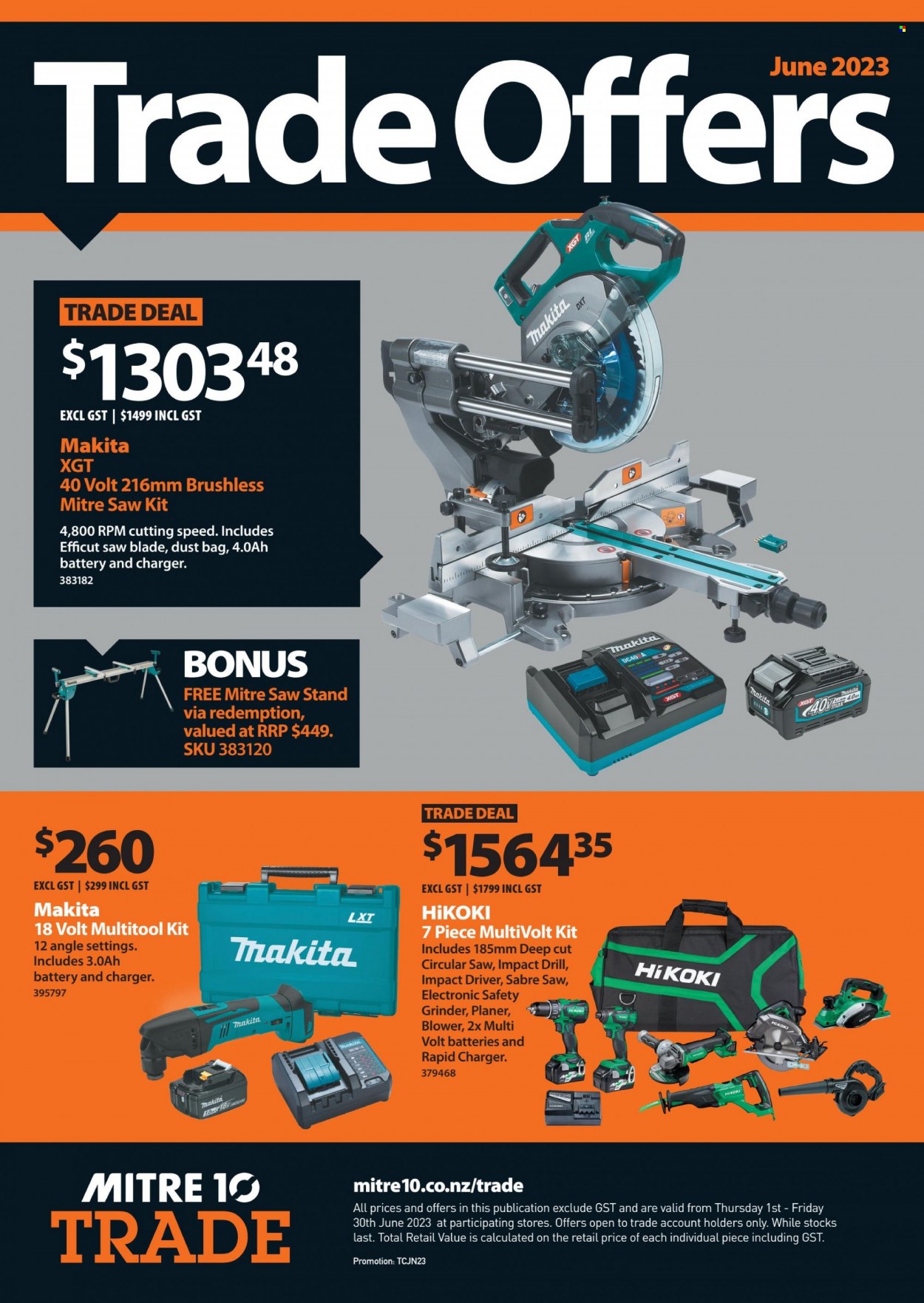thumbnail - Mitre 10 mailer - 01.06.2023 - 30.06.2023 - Sales products - drill, impact driver, Makita, grinder, circular saw, saw, planer, blower, saw stand. Page 1.