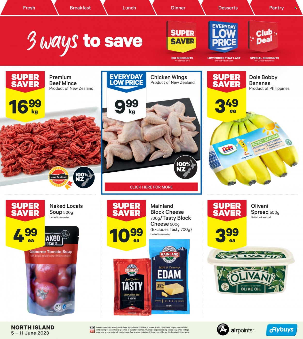thumbnail - New World mailer - 05.06.2023 - 11.06.2023 - Sales products - dessert, Dole, bananas, soup, cheese, chicken wings, wine, alcohol, chicken, beef meat, ground beef. Page 1.