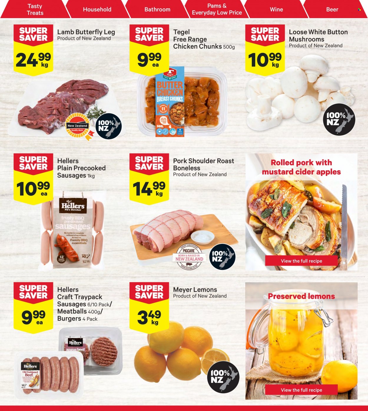 thumbnail - New World mailer - 05.06.2023 - 11.06.2023 - Sales products - mushrooms, apples, lemons, meatballs, hamburger, roast, sausage, wine, alcohol, cider, beer, chicken breasts, chicken, beef meat, pork meat, pork roast, pork shoulder, Sure. Page 6.