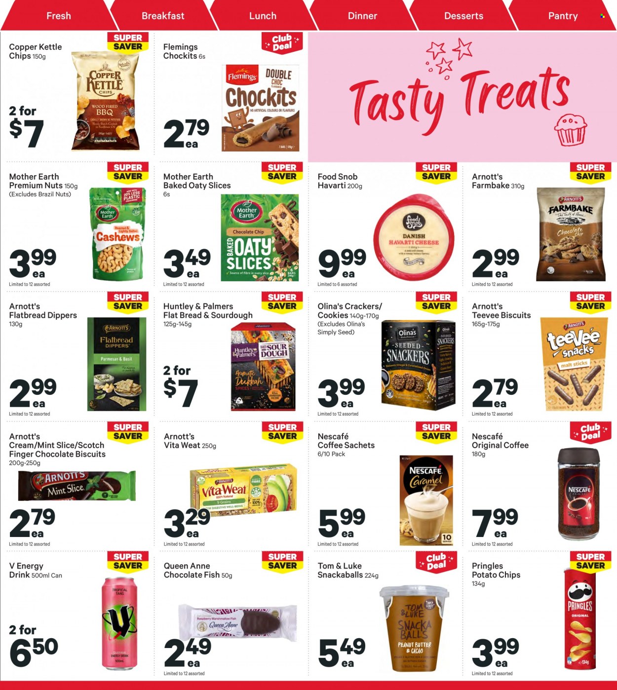 thumbnail - New World mailer - 05.06.2023 - 11.06.2023 - Sales products - bread, flatbread, dessert, fish, Havarti, cookies, chocolate, crackers, biscuit, Mother Earth, potato chips, Pringles, chips, Copper Kettle, Kettle chips, salty snack, brazil nuts, energy drink, coffee, Nescafé. Page 19.
