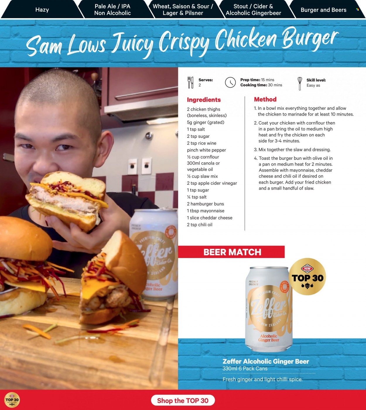 thumbnail - New World mailer - 04.06.2023 - 18.06.2023 - Sales products - buns, burger buns, cheddar, oats, pepper, spice, dressing, marinade, apple cider vinegar, vinegar, wine, alcohol, rice wine, Lager, IPA, chicken thighs, chicken, pan, ginger beer. Page 8.