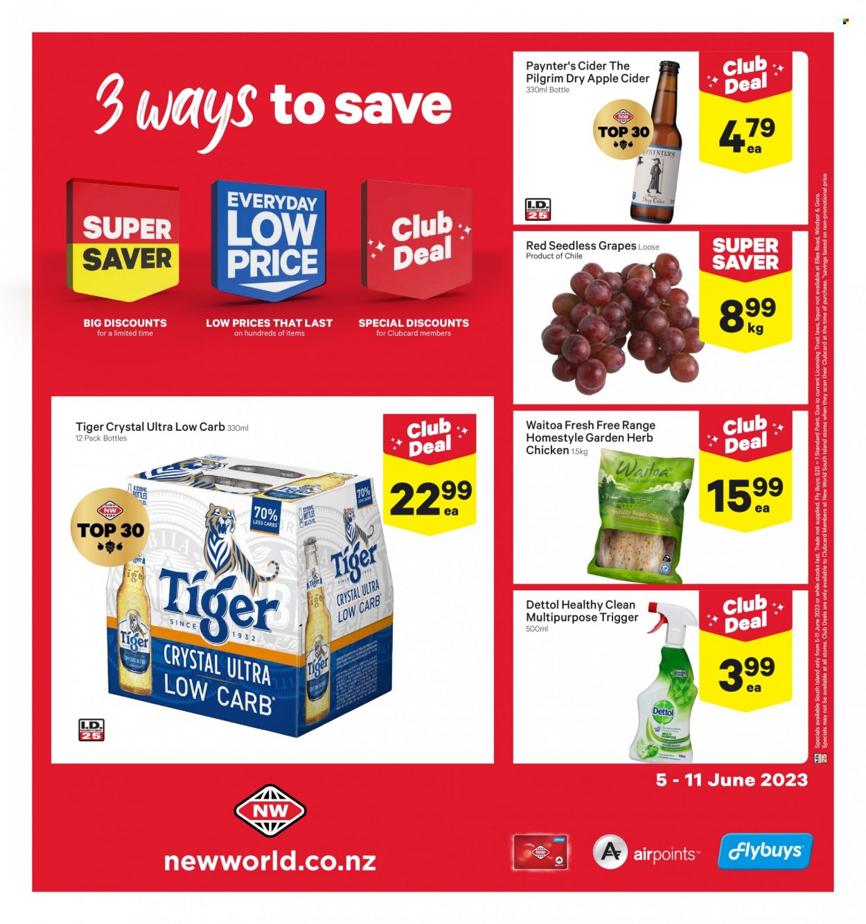 thumbnail - New World mailer - 05.06.2023 - 11.06.2023 - Sales products - grapes, seedless grapes, herbs, alcohol, apple cider, cider, chicken, Dettol. Page 2.