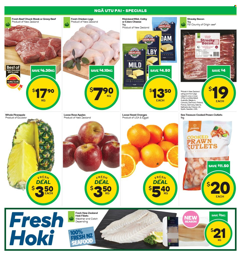 thumbnail - Countdown mailer - 05.06.2023 - 11.06.2023 - Sales products - pineapple, oranges, apples, navel oranges, seafood, prawns, hoki fish, bacon, streaky bacon, Colby cheese, edam cheese, cheese, chicken legs, chicken, beef meat, steak, chuck steak, Apple, rose. Page 3.