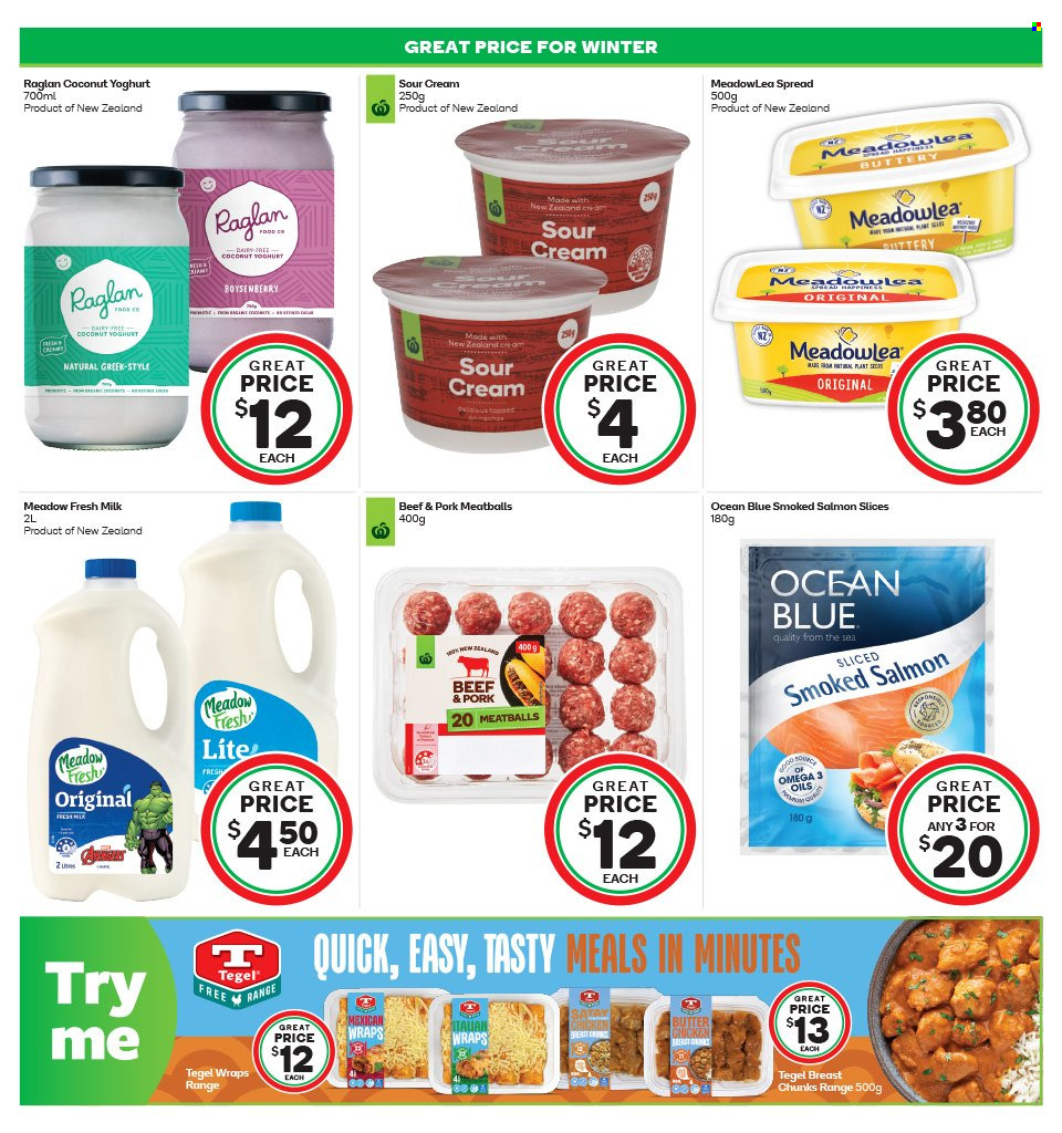 thumbnail - Countdown mailer - 05.06.2023 - 11.06.2023 - Sales products - wraps, coconut, salmon, smoked salmon, meatballs, Meadowlea, yoghurt, butter, sour cream, Omega-3. Page 15.