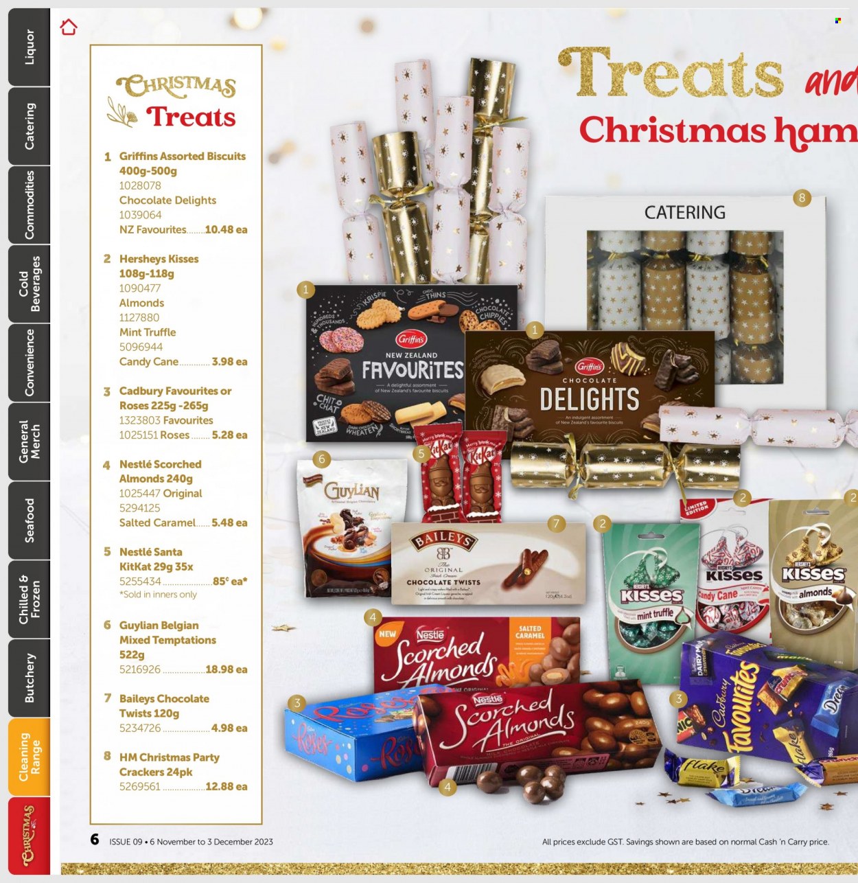 thumbnail - Gilmours mailer - 06.11.2023 - 03.12.2023 - Sales products - christmas hamper, seafood, hamper, Hershey's, Nestlé, candy cane, truffles, KitKat, biscuit, Santa, Cadbury, chocolate candies, Candy, mint, Baileys, almonds, red wine, sparkling wine, champagne, wine, Moët & Chandon, Pinot Noir, alcohol, Shiraz, bourbon, gin, liqueur, whiskey, irish whiskey, Jameson, liquor, Chivas Regal, Jim Beam, Hendrick's, bourbon whiskey, whisky, beer, Peroni. Page 5.