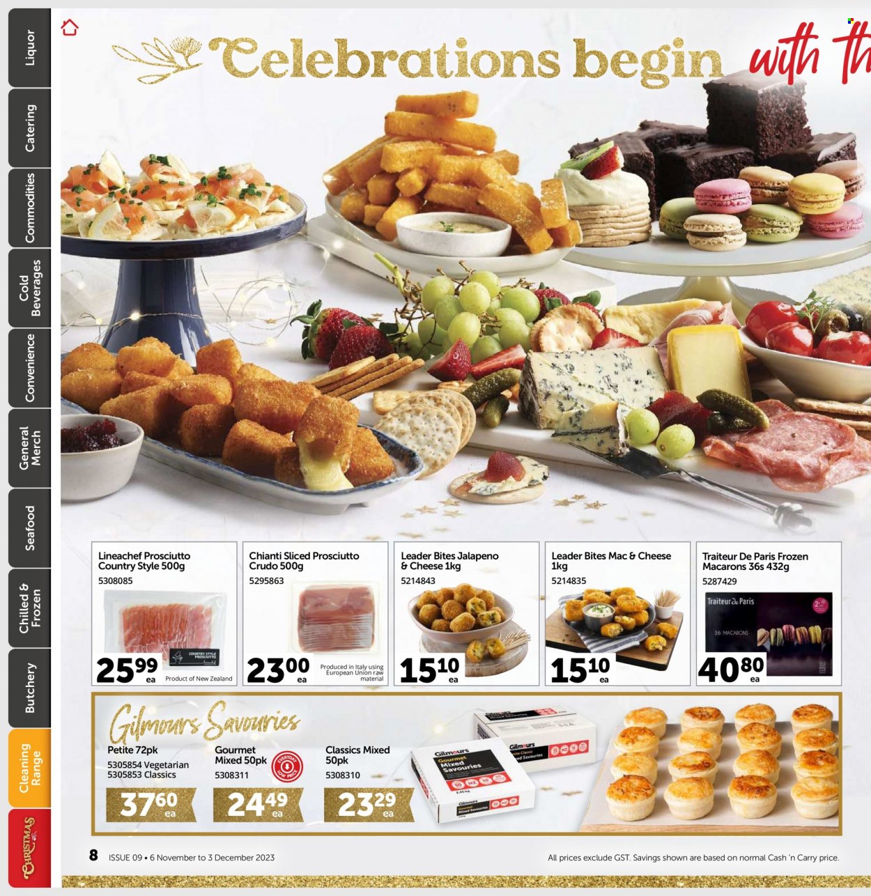 Gilmours mailer - 06.11.2023 - 03.12.2023 - Sales products - macaroons, jalapeño, seafood, macaroni & cheese, salami, prosciutto, chorizo, prosciutto crudo, blue cheese, gruyere, cheddar, brie cheese, Talbot Forest Cheese, crackers, wine, alcohol, liqueur, liquor. Page 7.