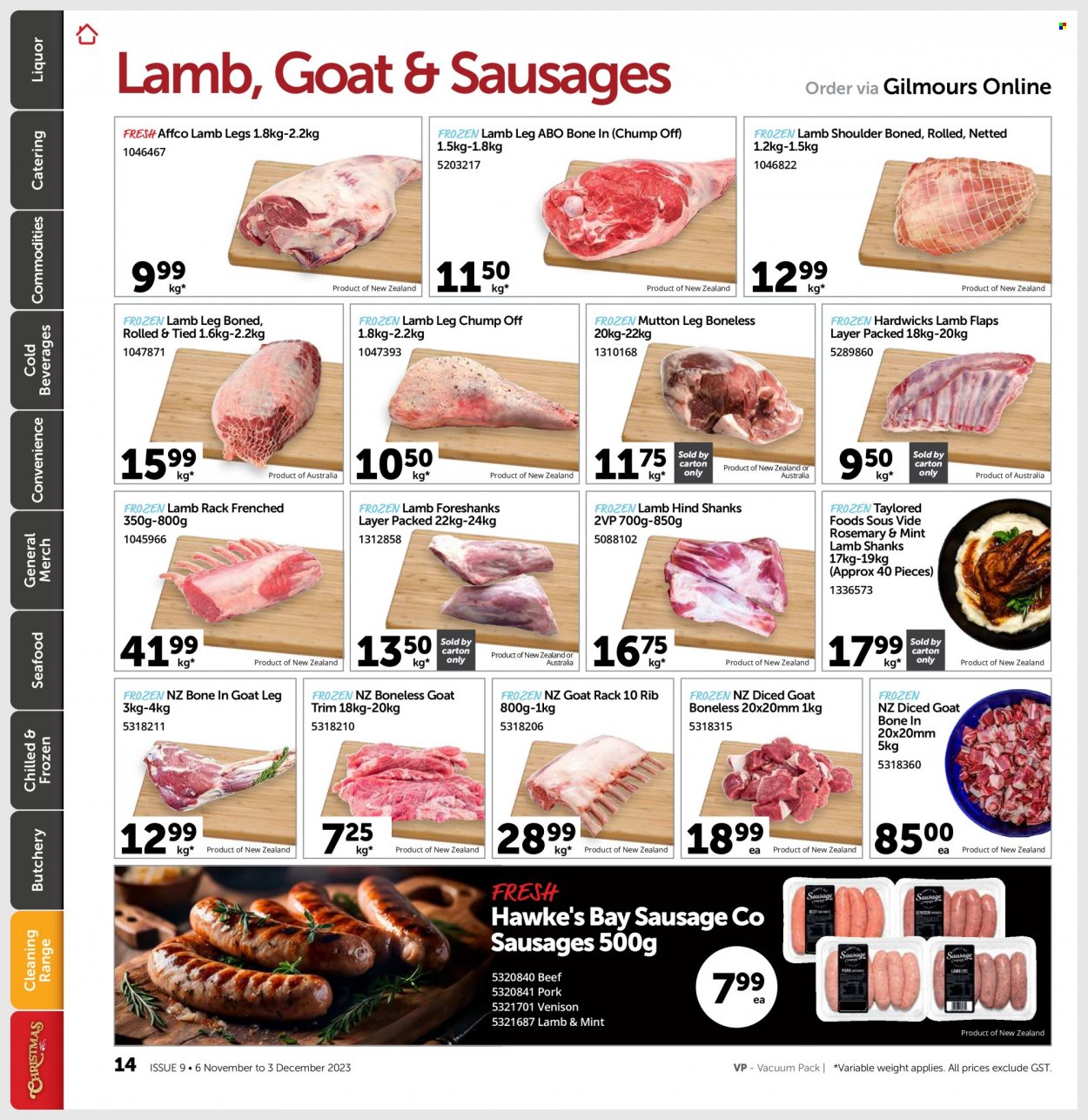 Gilmours mailer - 06.11.2023 - 03.12.2023 - Sales products - seafood, bacon, streaky bacon, alcohol, liqueur, liquor, ribs, ground pork, pork belly, pork loin, pork meat, pork ribs, pork shoulder, pork spare ribs, pork leg, pork back ribs, lamb meat, lamb shoulder, mutton meat, rack of lamb, lamb leg, venison meat. Page 13.