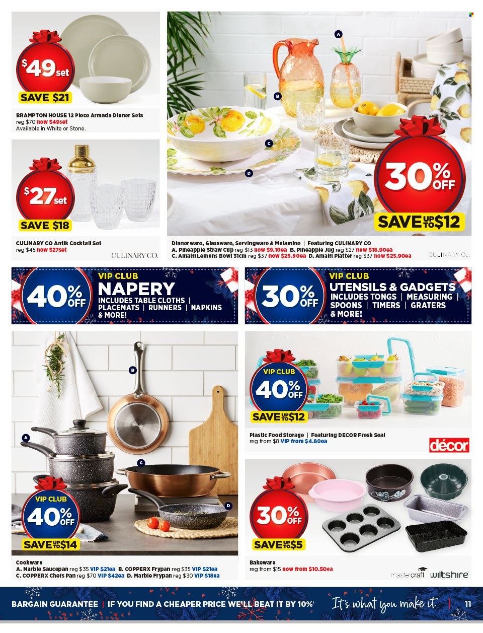 Spotlight mailer - 15.11.2023 - 03.12.2023 - Sales products - cloths, cookware set, dinnerware set, glassware set, spoon, tong, utensils, pan, cup, saucepan, dinner plate, bowl, bakeware, frypan, platters, serving tray, tablecloth, napkins, placemat. Page 11.