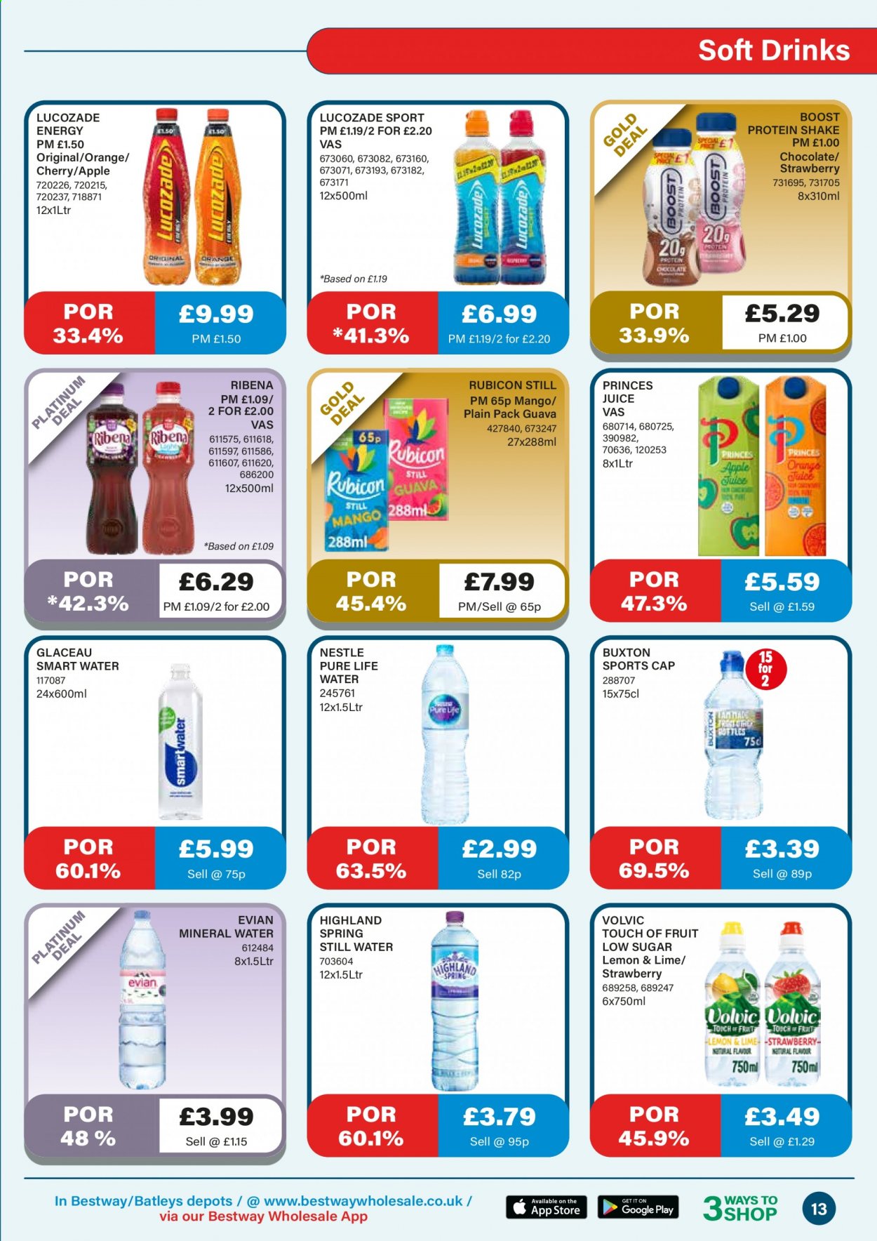 thumbnail - Bestway offer  - 01/01/2021 - 28/01/2021 - Sales products - guava, mango, protein drink, shake, Nestlé, chocolate, sugar, juice, soft drink, Lucozade, Volvic, mineral water, Pure Life Water, Boost. Page 13.
