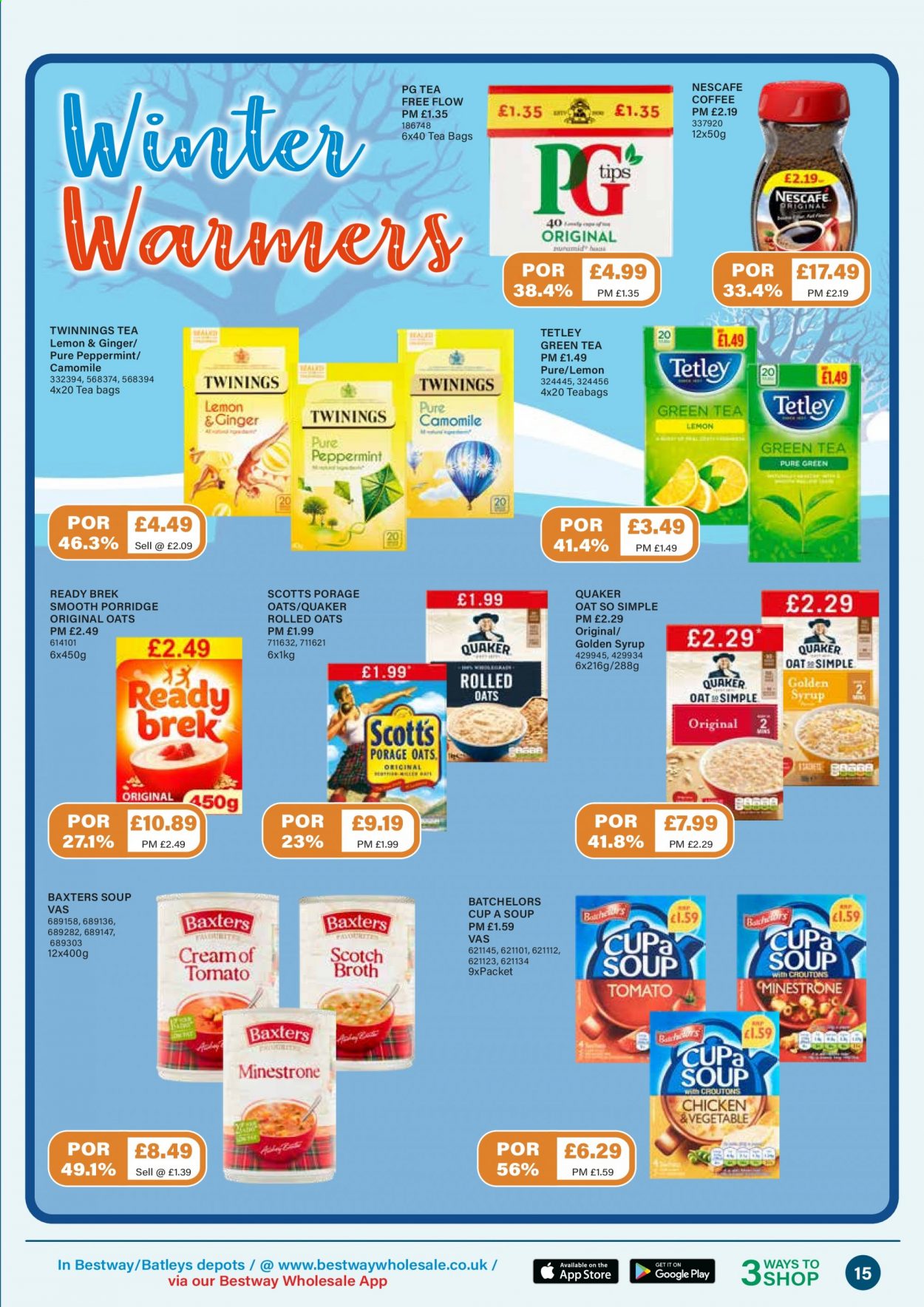 thumbnail - Bestway offer  - 01/01/2021 - 28/01/2021 - Sales products - soup, Quaker, oats, broth, rolled oats, porridge, syrup, green tea, tea bags, Twinings, coffee, Nescafé. Page 15.