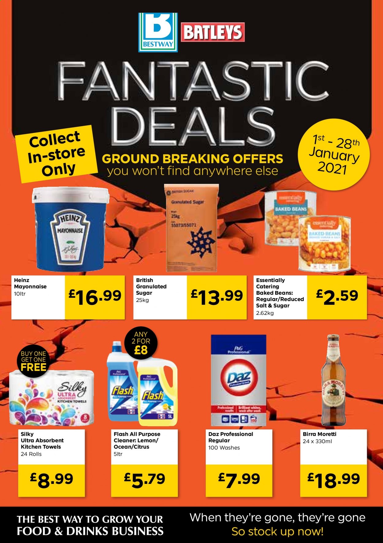 thumbnail - Bestway offer  - 01/01/2021 - 28/01/2021 - Sales products - beans, mayonnaise, Heinz, baked beans, kitchen towels, cleaner, all purpose cleaner, Daz Powder. Page 1.