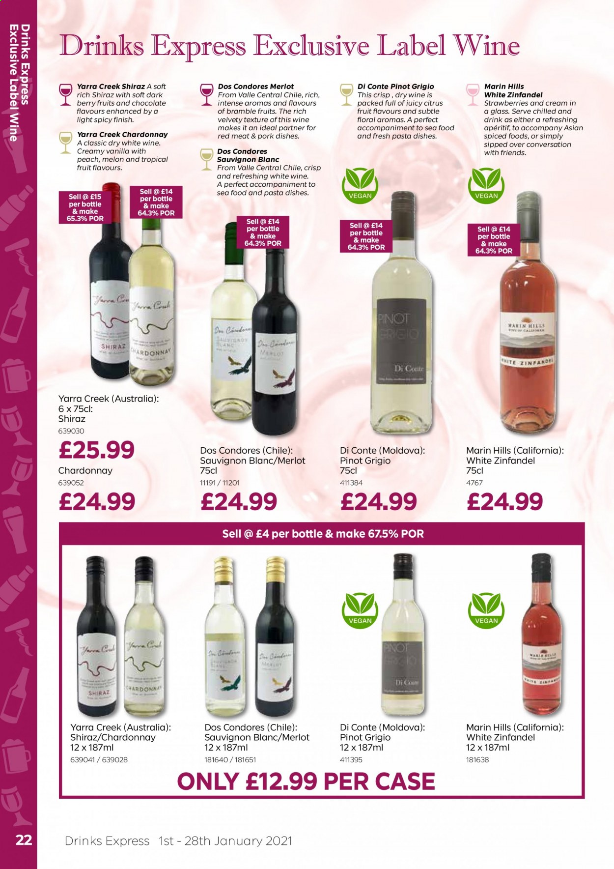thumbnail - Bestway offer  - 01/01/2021 - 28/01/2021 - Sales products - strawberries, melons, seafood, pasta, white wine, Chardonnay, wine, Merlot, Sauvignon Blanc, Shiraz, Pinot Grigio, Hill's. Page 22.