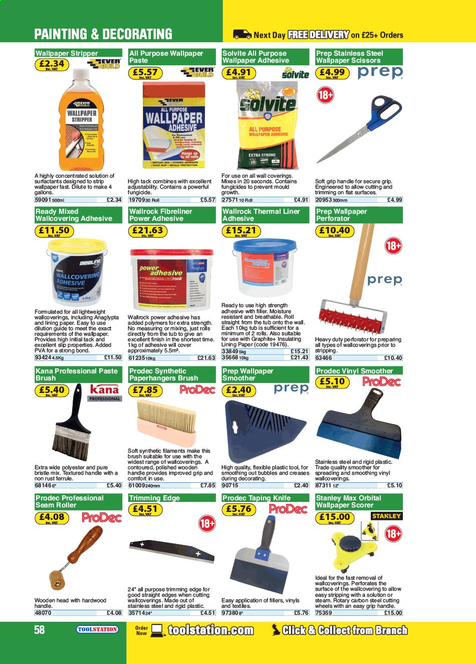 thumbnail - Toolstation offer  - Sales products - wallpaper, adhesive, roller, Stanley, vinyl, brush. Page 58.