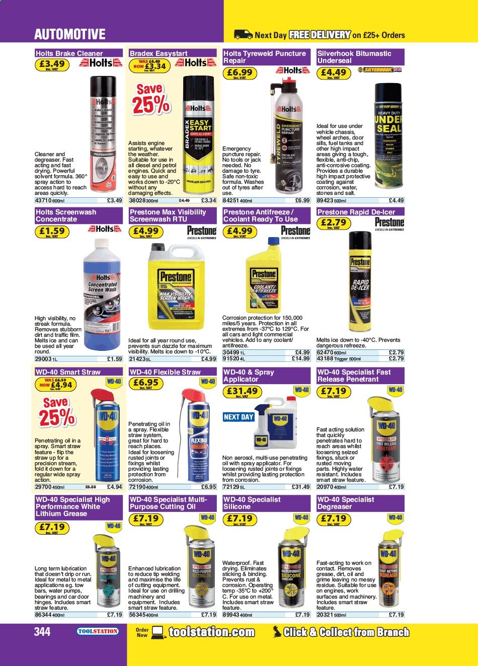 thumbnail - Toolstation offer  - Sales products - water pump, door, WD-40, antifreeze, brake cleaner, cleaner, degreaser, Prestone. Page 344.