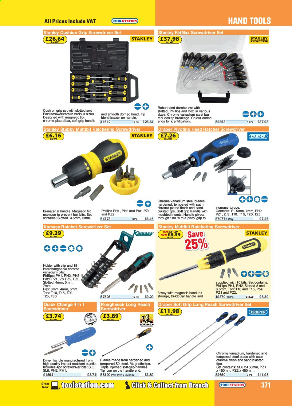 thumbnail - Toolstation offer  - Sales products - Stanley, holder, screwdriver, screwdriver bits, screwdriver set, hand tools. Page 371.