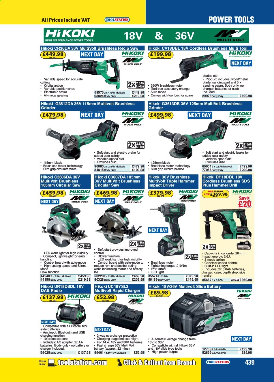 thumbnail - Toolstation offer  - Sales products - Hitachi, LED light, work light, drill, impact driver, power tools, hammer, grinder, circular saw, saw, tool box, sanding pad. Page 439.