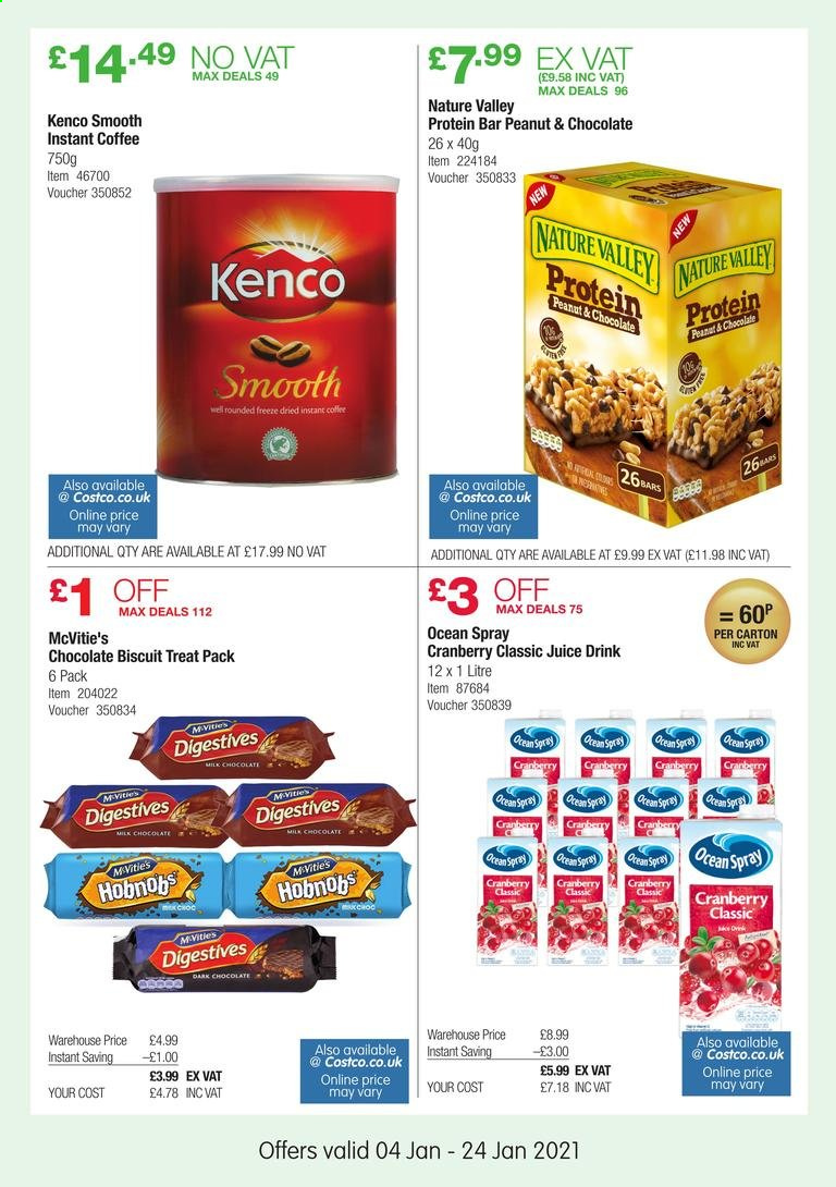 thumbnail - Costco offer  - 04/01/2021 - 24/01/2021 - Sales products - biscuit, milk chocolate, chocolate, dark chocolate, protein bar, Nature Valley, peanuts, juice, instant coffee. Page 18.