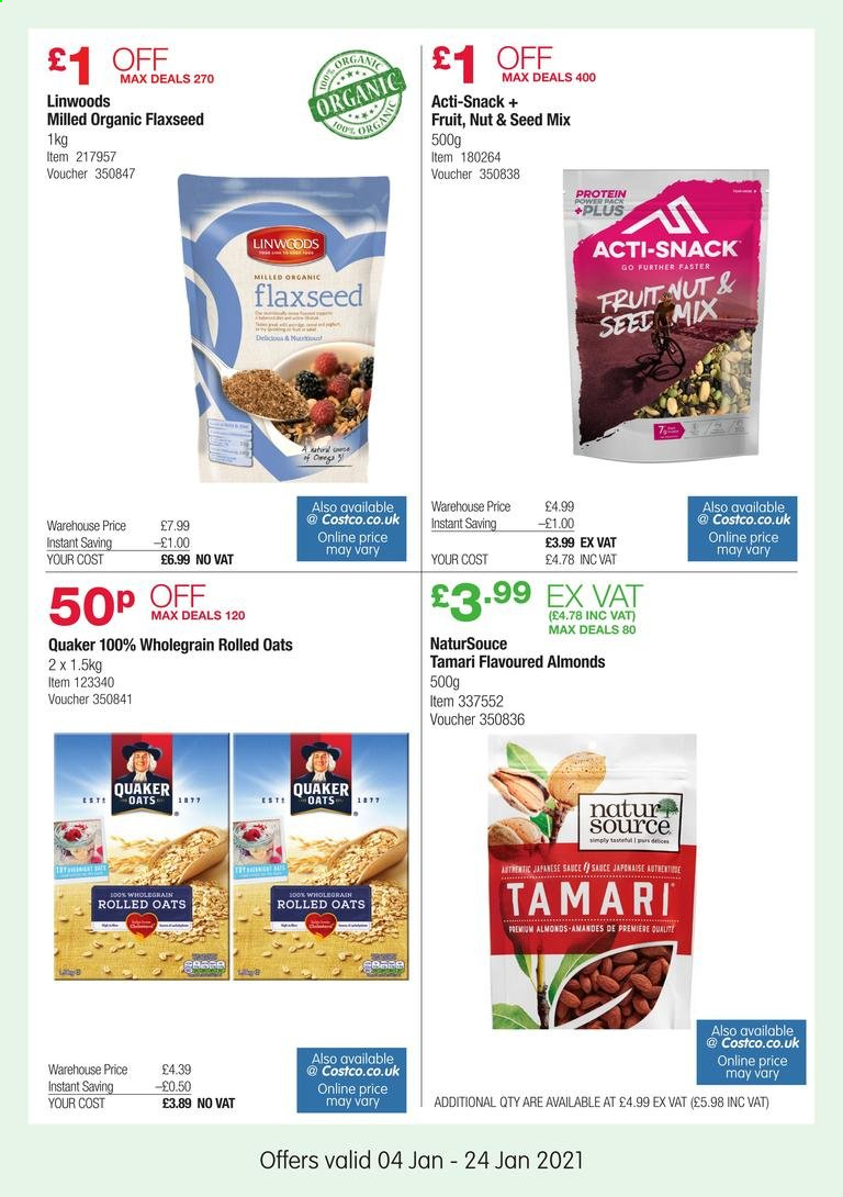 thumbnail - Costco offer  - 04/01/2021 - 24/01/2021 - Sales products - sauce, Quaker, snack, oats, rolled oats, almonds, plant seeds. Page 19.
