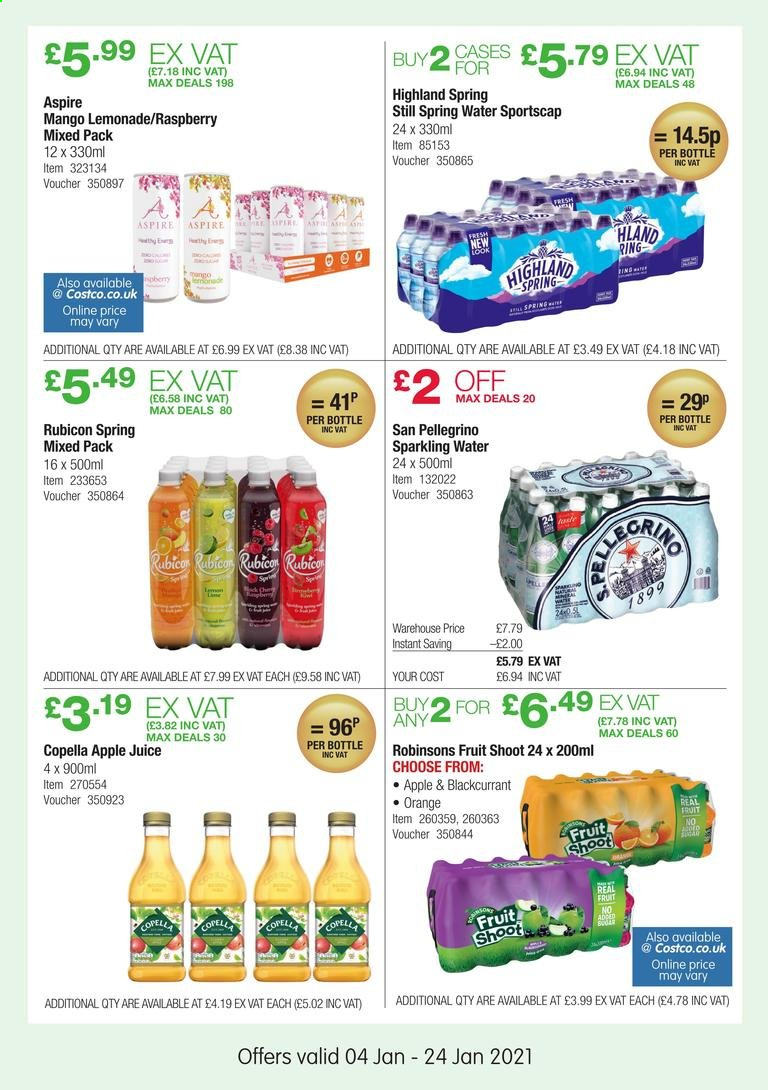 thumbnail - Costco offer  - 04/01/2021 - 24/01/2021 - Sales products - mango, oranges, Apple, apple juice, lemonade, juice, spring water, sparkling water. Page 20.