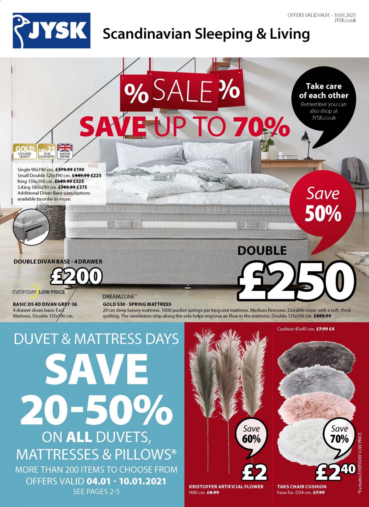 thumbnail - JYSK offer  - 04/01/2021 - 10/01/2021 - Sales products - chair, mattress, cushion, artificial flowers, duvet, pillow. Page 1.