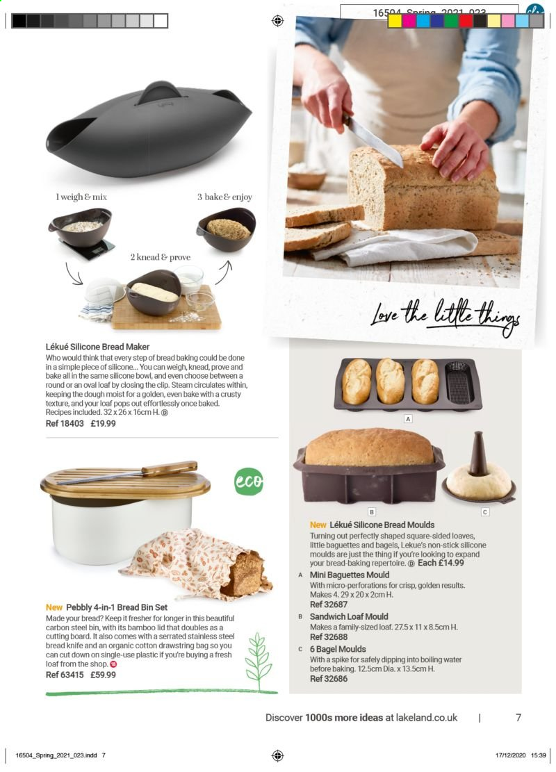 thumbnail - Lakeland offer  - Sales products - bin, cutting board, knife, lid, bowl, bread maker. Page 7.