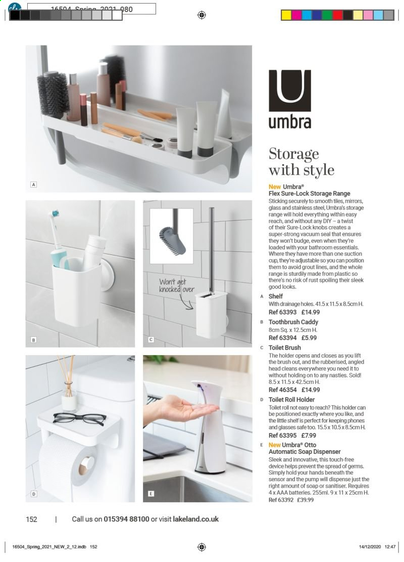 thumbnail - Lakeland offer  - Sales products - soap dispenser, toilet brush, toilet roll holder, dispenser, cup, AAA batteries. Page 152.