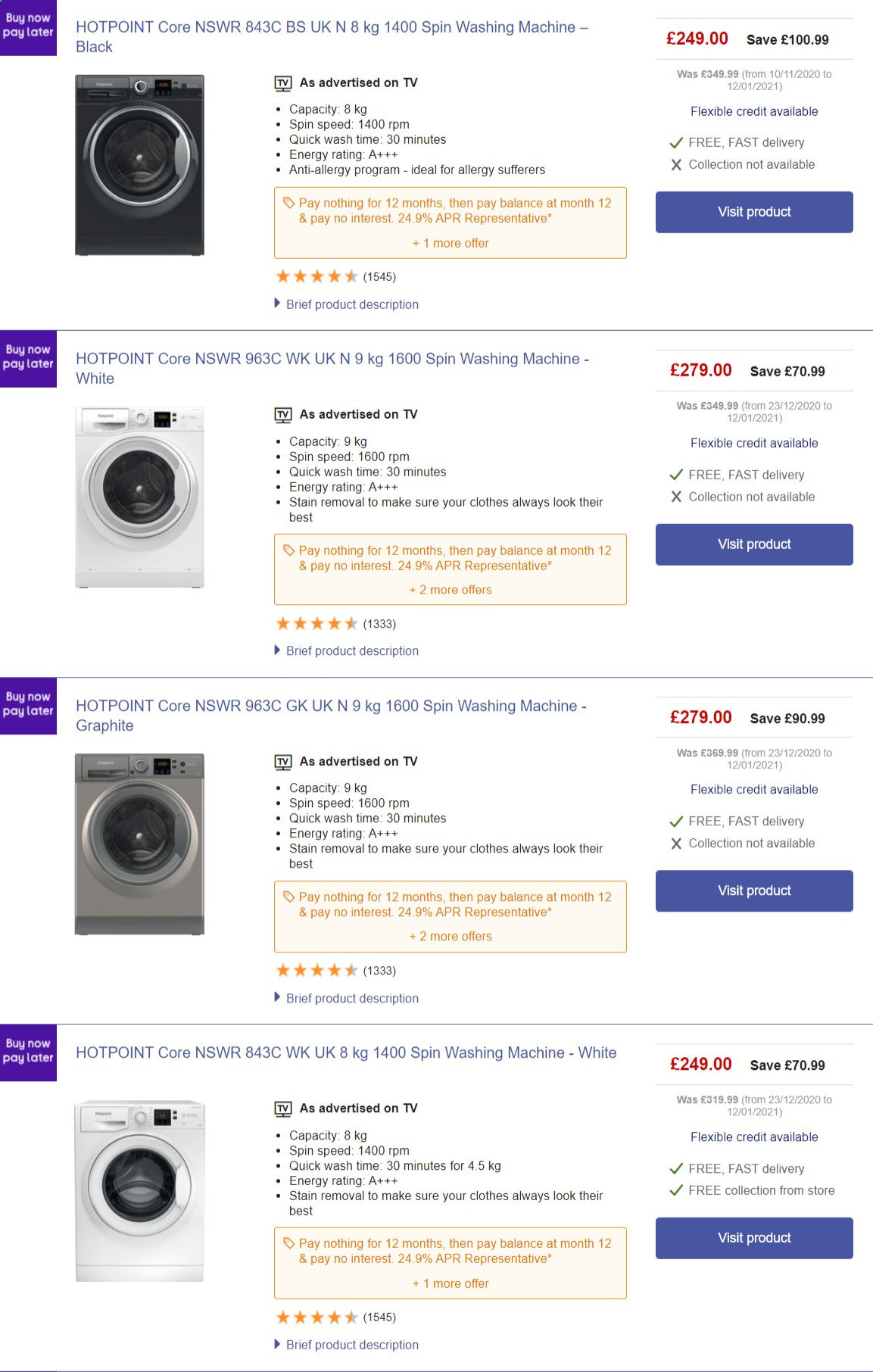 thumbnail - Currys PC World offer  - Sales products - TV, Hotpoint, washing machine. Page 1.
