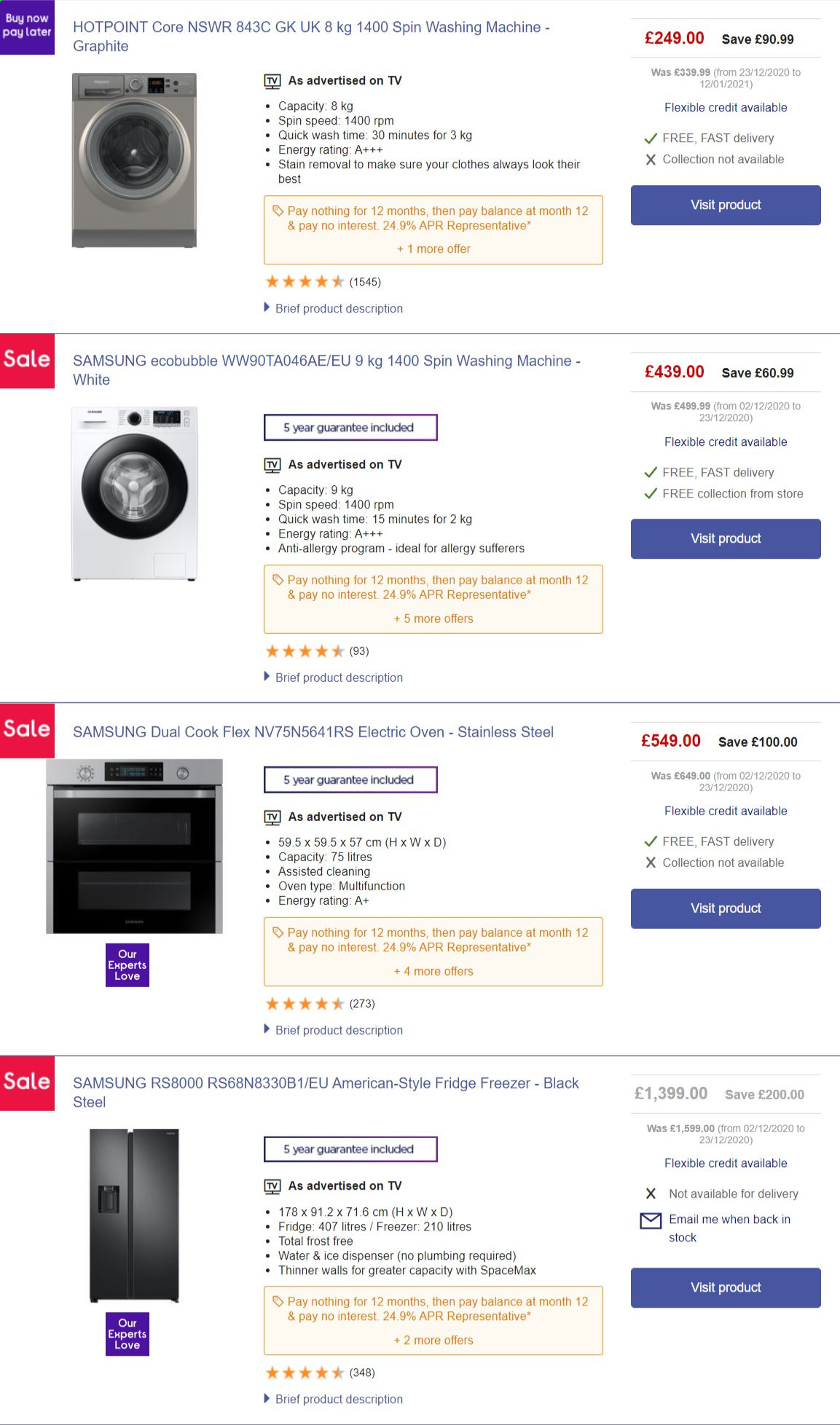 thumbnail - Currys PC World offer  - Sales products - Samsung, TV, freezer, refrigerator, Hotpoint, fridge, oven, washing machine. Page 2.