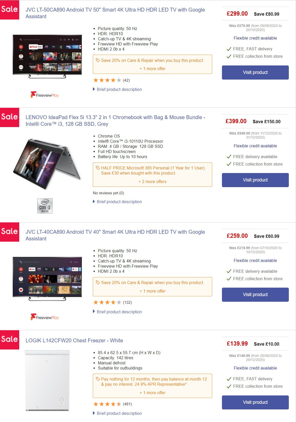 thumbnail - Currys PC World offer  - Sales products - Lenovo, chromebook, Intel, mouse, JVC, Android TV, LED TV, UHD TV, ultra hd, TV, freezer, chest freezer. Page 3.