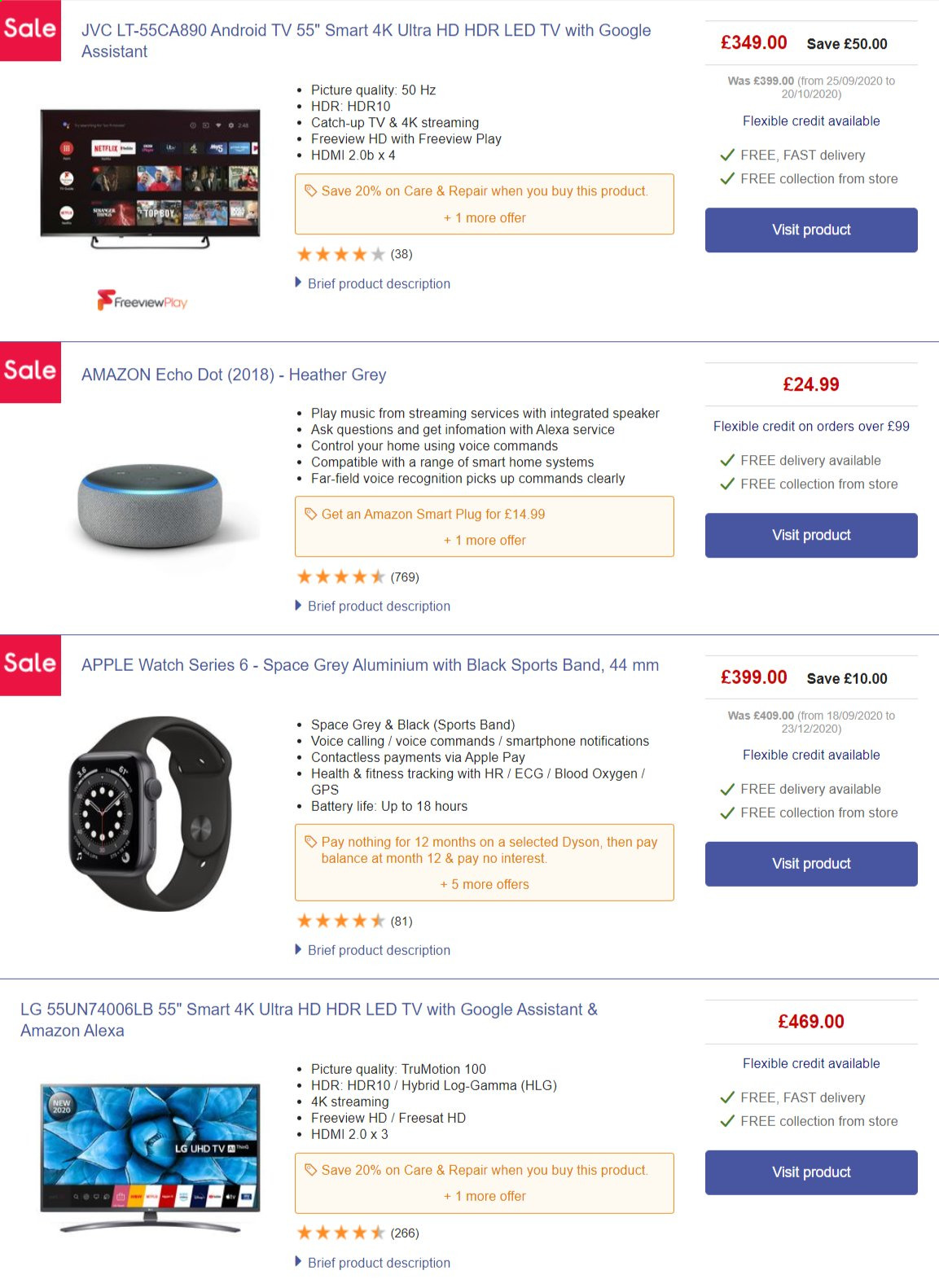 thumbnail - Currys PC World offer  - Sales products - Apple, LG, smartphone, Apple Watch, JVC, Android TV, LED TV, UHD TV, ultra hd, TV, Amazon Echo Dot, speaker, Amazon Echo, Dyson. Page 8.