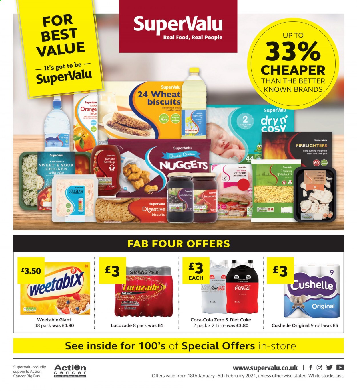 thumbnail - SuperValu offer  - 18/01/2021 - 06/02/2021 - Sales products - chicken breasts, chicken roast, nuggets, chicken, coleslaw, fried chicken, ham, biscuit, Digestive, cereals, Weetabix, spaghetti, ketchup, vegetable oil, fruit jam, Coca-Cola, orange juice, juice, Coca-Cola zero, Diet Coke, Lucozade, mineral water, Fab, firelighter. Page 1.