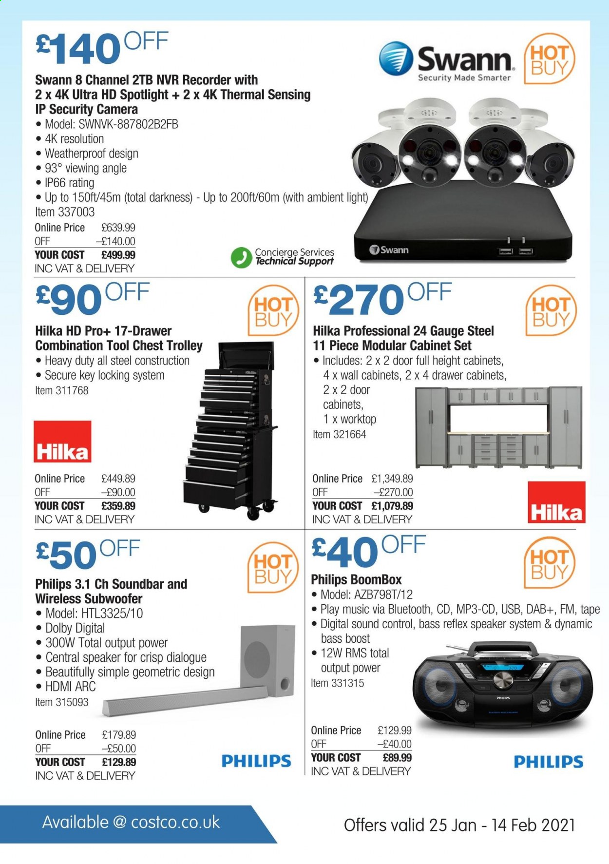 thumbnail - Costco offer  - 25/01/2021 - 14/02/2021 - Sales products - cabinet, trolley, Philips, Boost, spotlight, recorder, security camera. Page 24.