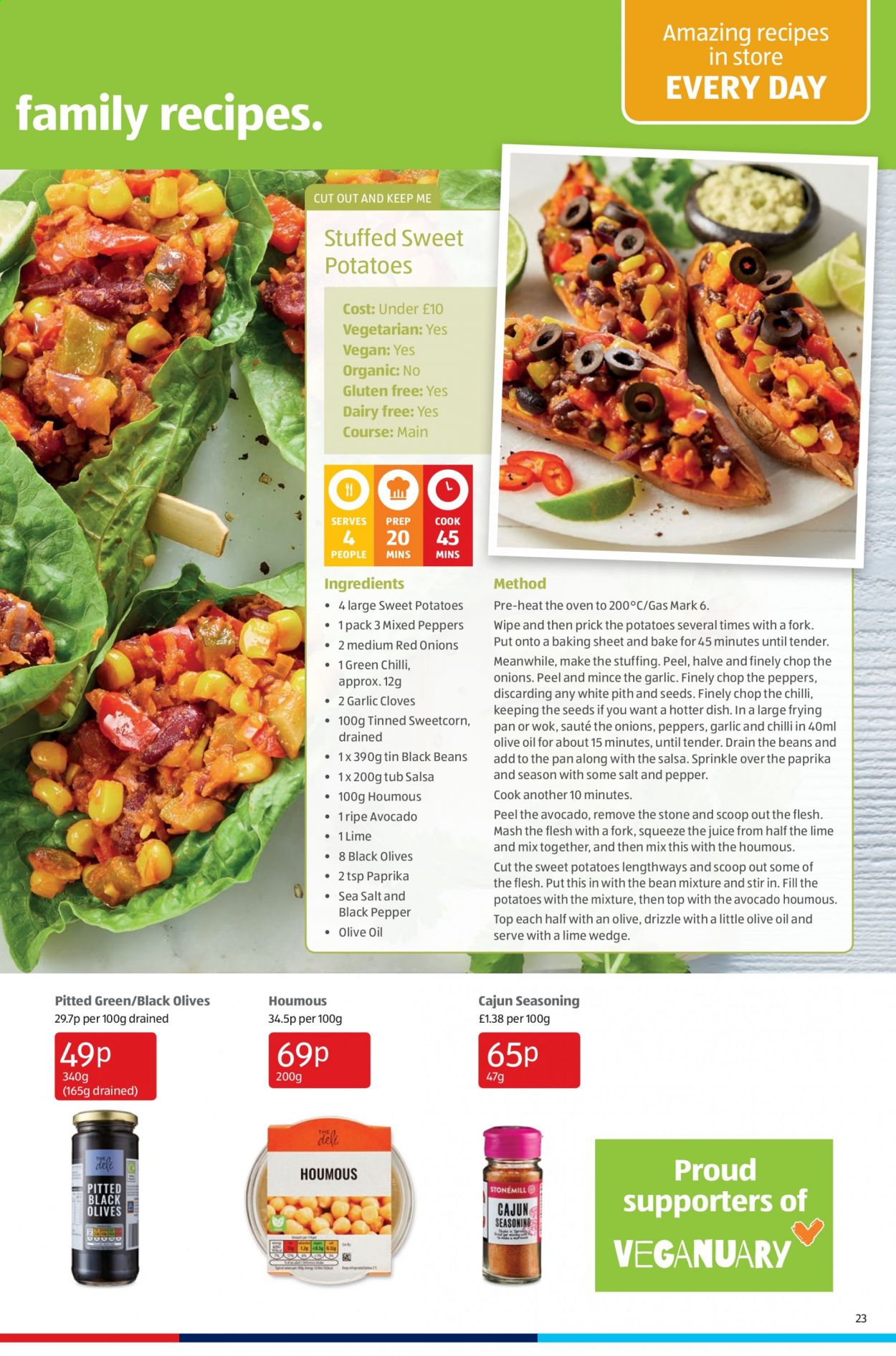 thumbnail - Aldi offer  - 24/01/2021 - 31/01/2021 - Sales products - beans, garlic, red onions, sweet potato, potatoes, onion, peppers, avocado, houmous, salsa, sea salt, olives, black beans, black pepper, cloves, olive oil, juice, fork, pan, wok. Page 23.