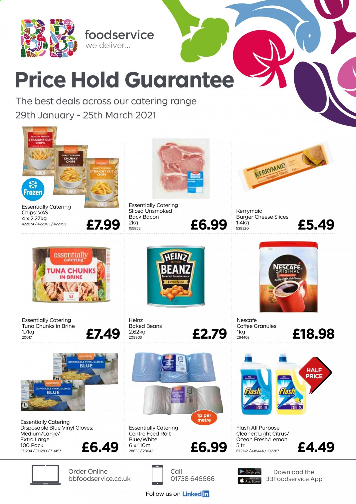 thumbnail - Bestway offer  - 29/01/2021 - 25/03/2021 - Sales products - beans, hamburger, tuna, sauce, bacon, sliced cheese, cheese, Heinz, baked beans, tomato sauce, coffee, Nescafé, cleaner, all purpose cleaner. Page 1.