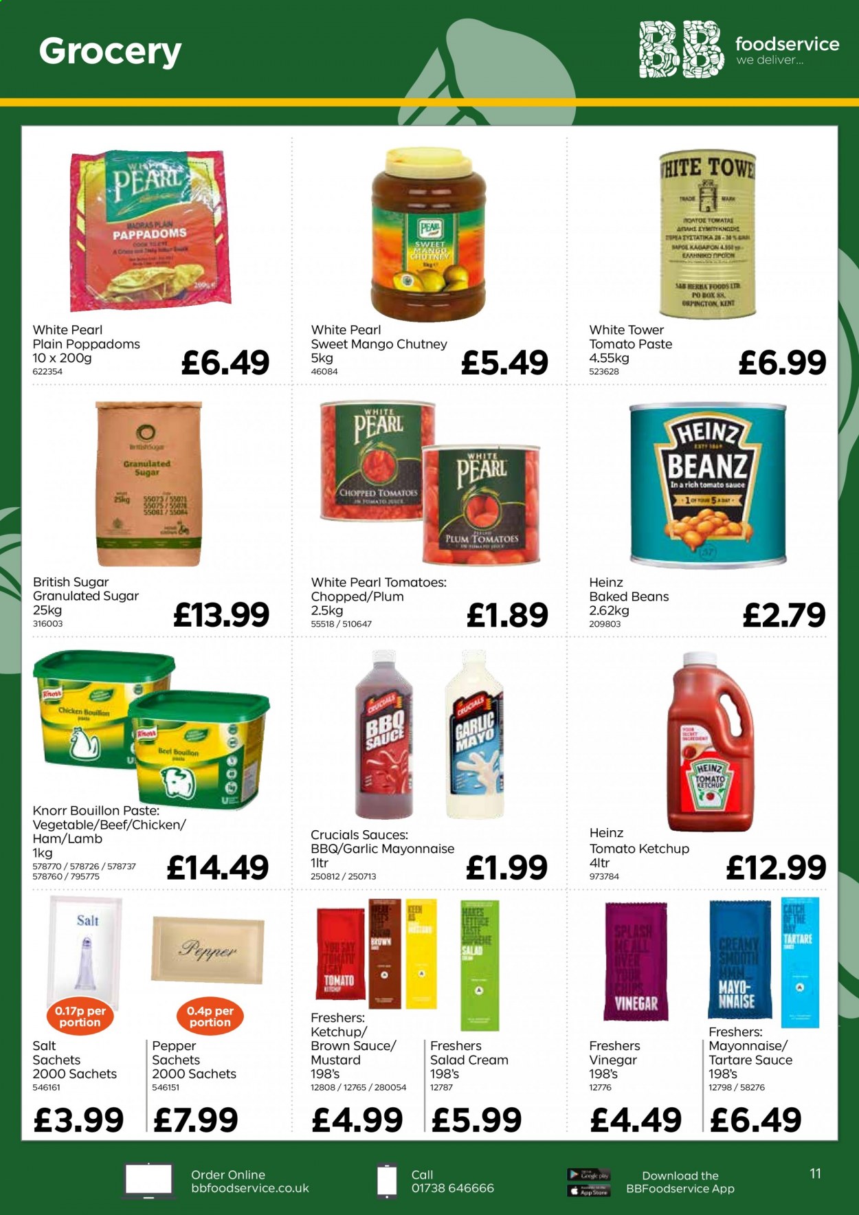 thumbnail - Bestway offer  - 29/01/2021 - 25/03/2021 - Sales products - beans, garlic, tomatoes, mango, pears, Knorr, ham, mayonnaise, salad cream, bouillon, granulated sugar, salt, tomato paste, Heinz, baked beans, chopped tomatoes, pepper, BBQ sauce, mustard, tomato sauce, ketchup, brown sauce, chutney, vinegar. Page 11.