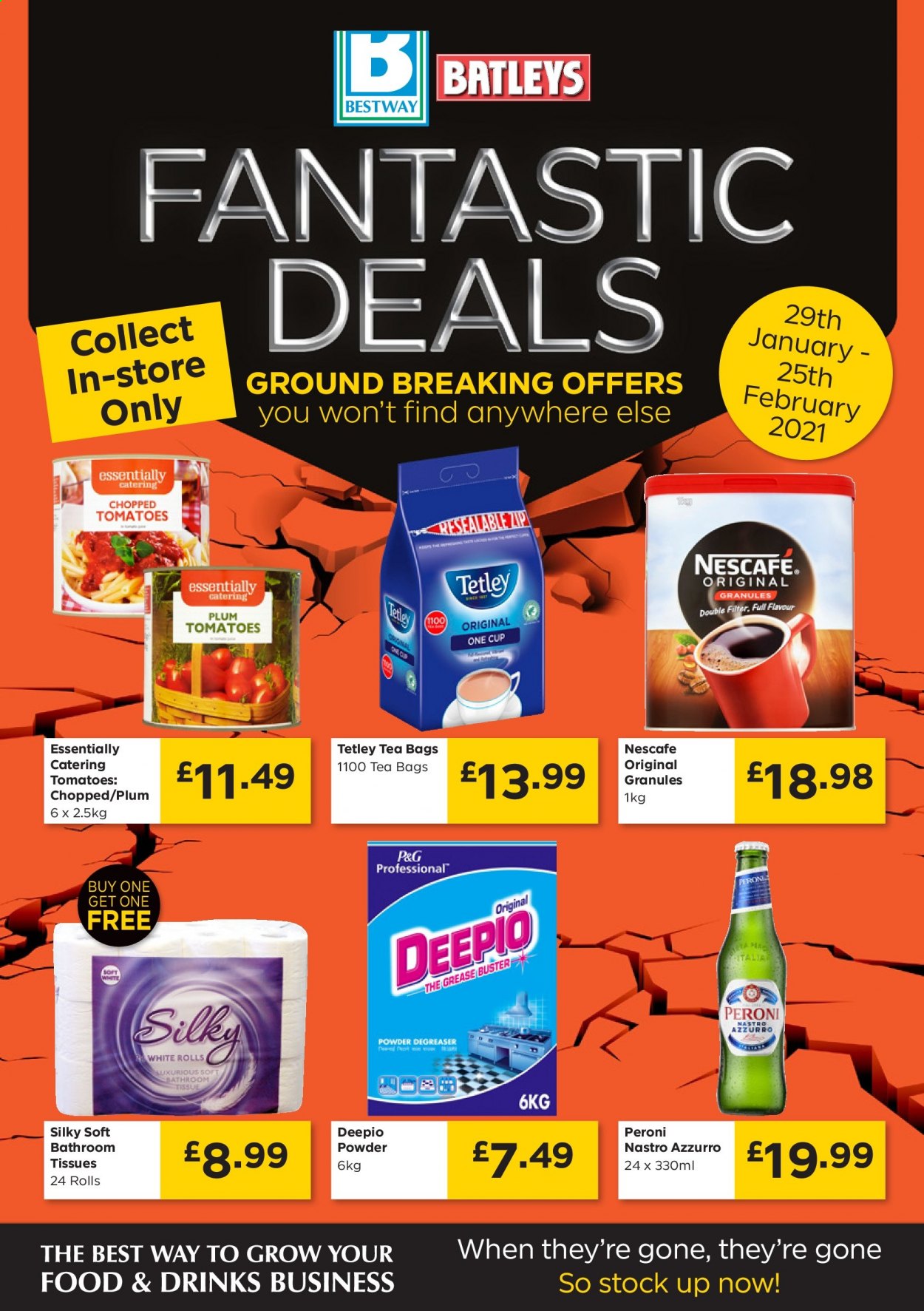 thumbnail - Bestway offer  - 29/01/2021 - 25/02/2021 - Sales products - Peroni, tomatoes, tea bags, Nescafé, bath tissue, tissues, cup. Page 1.