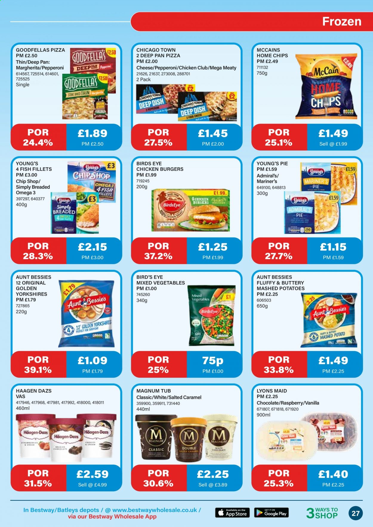 thumbnail - Bestway offer  - 29/01/2021 - 25/02/2021 - Sales products - potatoes, hamburger, pie, fish fillets, fish, mashed potatoes, pizza, Bird's Eye, pepperoni, cheese, Magnum, Häagen-Dazs, mixed vegetables, McCain, chocolate, Lyons, pan, Omega-3. Page 27.