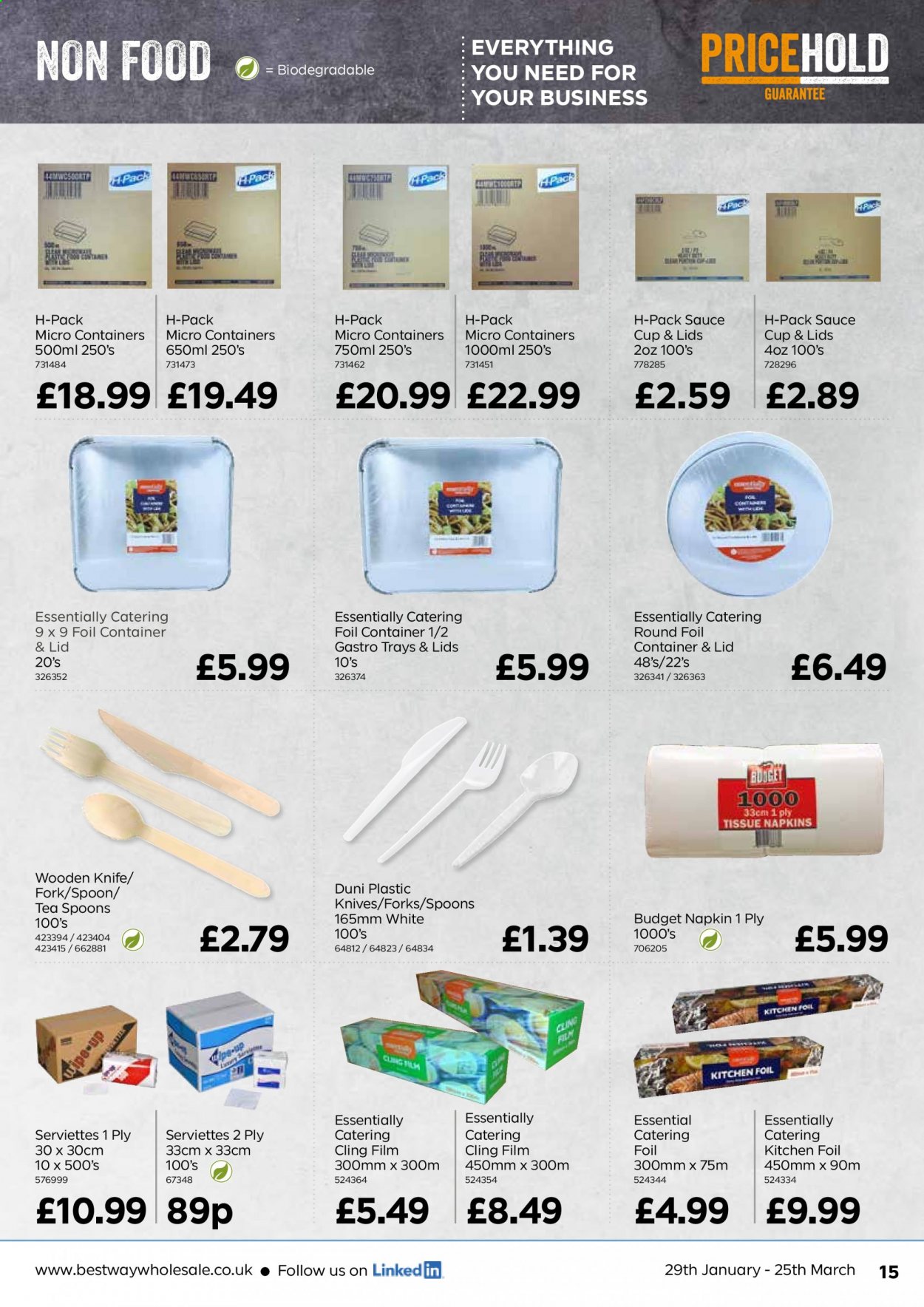 thumbnail - Bestway offer  - 29/01/2021 - 25/03/2021 - Sales products - tea, napkins, tissues, fork, knife, lid, spoon, cup, sauce cup, kitchen foil. Page 15.